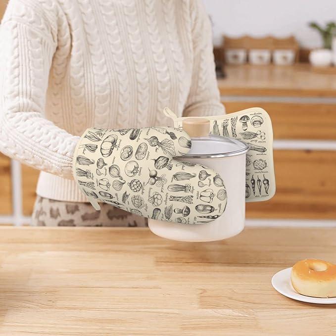 Vegetable Silicone Oven Mitts Pan Mats Set of 2, Heat Resistant Gloves Potholder with Non-Slip Grips Hanging Loops Pot Holder, Spring Summer for Chef Cooking, Baking, Grilling, BBQ