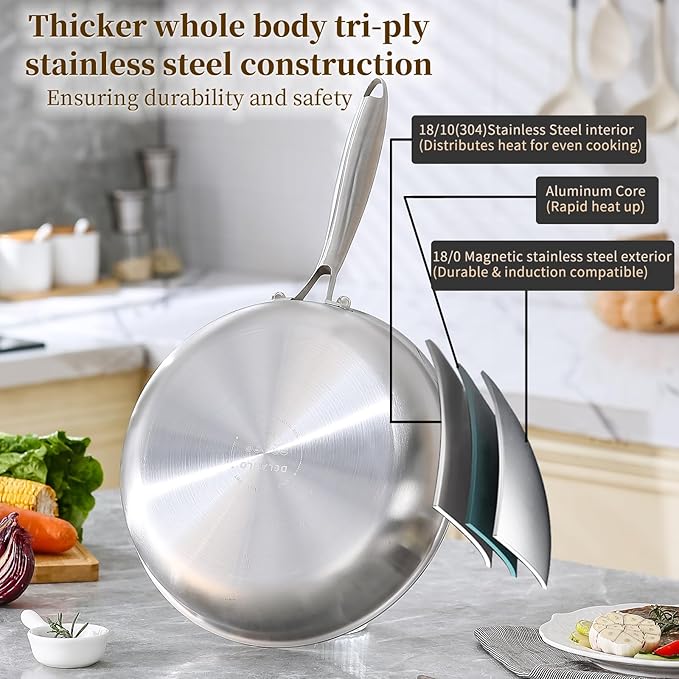 DELARLO Tri-Ply Stainless Steel Pan, 18/10 Frying Pan, Oven Safe Up to 600°F, Nontoxic Cookware, Compatible with All Cooktops Skillet, Durable, Fast Even Heat Fry Pan,9" Pan with Lid - Image 2
