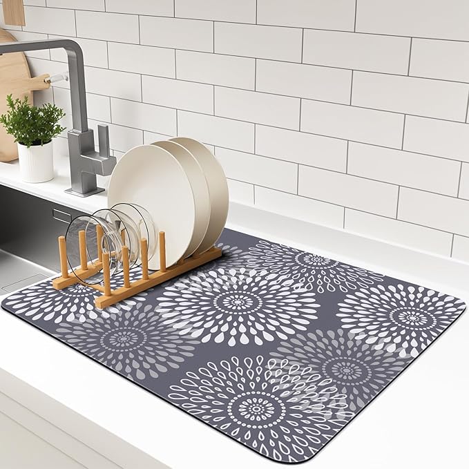 LuxStep Dish Drying Mat Super Absorbent Kitchen Counter Mat Rubber Backing Draining Mat Easy to Clean Kitchen Accessories Dish Rack Pad for Dishes, Utensils, Countertops, Sinks 15" x 18" Grey by LuxStep