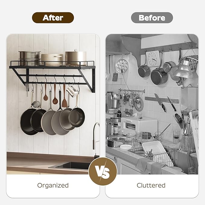 YATINEY Wall Mounted Pot Rack, 23.8 Inch Pot and Pan Organizer with 2 Tier Hanging Rails, 12 S-Hooks, Metal Pot Rack for Kitchen Cookware Organizer, Space Saving, for Kitchen Utensils, Black PR01BK - Image 6