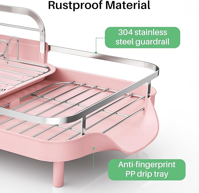 SAYZH Dish Drying Rack - Expandable Dish Rack for Kitchen Counter, Rust-Resistant Dish Drainer with Utensil Holder and Raised Guardrail, Kitchen Organizer for Cup and Bottle (Pink) - Image 3