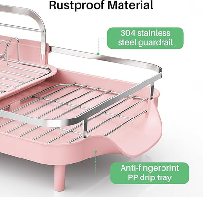 SAYZH Dish Drying Rack - Expandable Dish Rack for Kitchen Counter, Rust-Resistant Dish Drainer with Utensil Holder and Raised Guardrail, Kitchen Organizer for Cup and Bottle (Pink) - Image 3