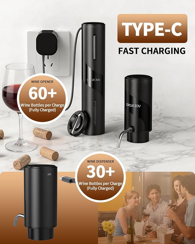 CIRCLE JOY 5-in-1 Electric Wine Bottle Opener Set, Rechargeable Wine Opener Kit, Cordless Wine Gift Set with Foil Cutter, Electric Aerator & Pourer and Vacuum Stopper for Wine Lovers, Black - Image 5