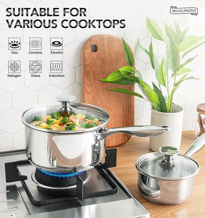 MICHELANGELO Stainless Steel Saucepan Set, 1QT & 3QT Saucepans with Lids, Nonstick Sauce Pan with Lid, Stainless Steel Pot Set 4 Pieces, Dishwasher Safe, Induction Compatible - Image 2