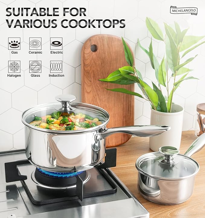 MICHELANGELO 4 Quart Saucepan with Lid, Thick Bottom Stainless Steel Saucepan with Cover, 4 QT Sauce Pot, Induction Ready & Dishwasher Safe - Image 2
