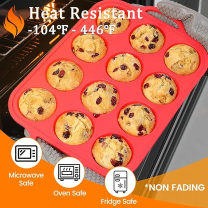 CAKETIME Silicone Muffin Pans for Baking, Metal Reinforced Frame Regular 12 Cups & Mini 24 Cups Cupcake Pan Set Nonstick Muffin Pan for Homemade Baking Easy to Handle