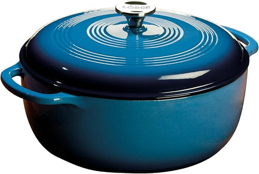 Lodge Essential Enamel Cast Iron Dutch Oven with Lid - Oven-Safe Enamel Cookware up to 500° F - Heat-Retaining Braising & Roasting Pot - Non-Toxic Cookware - 7.5 Quart, Carribean Blue by Lodge