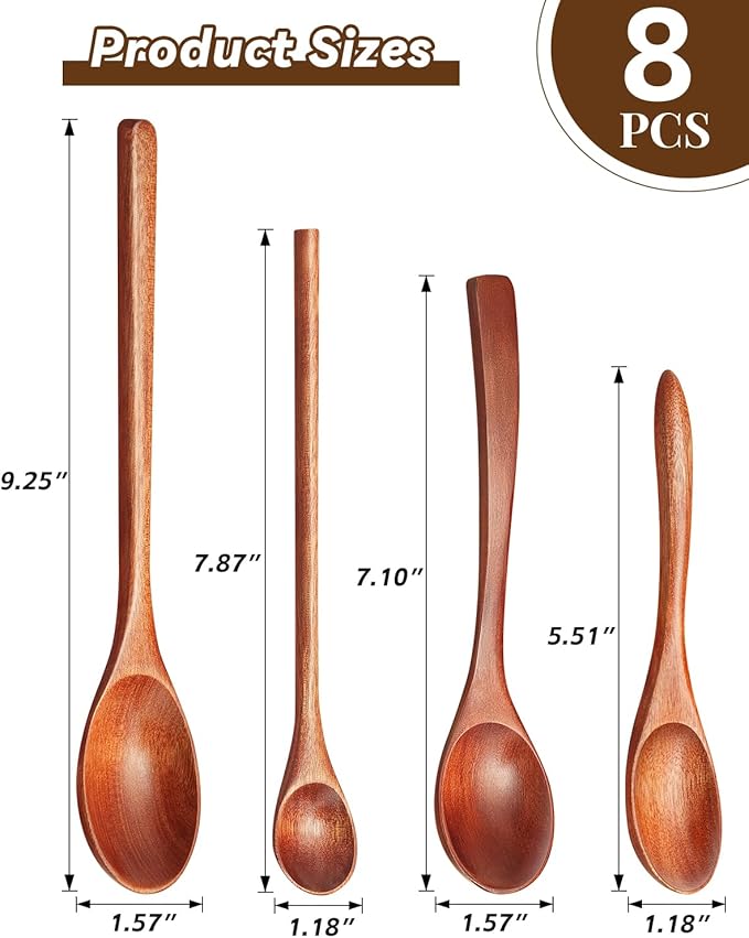 8Pcs Small Wooden Spoons for Eating, Wood Honey Spoon for Tea, Coffee&Soup, Little Tiny Wooden Serving Spoons Set for Cooking Mixing Stirring, 4 Sizes(9.3’’, 7.9’’, 7.1’’, 5.5’’) - Image 2