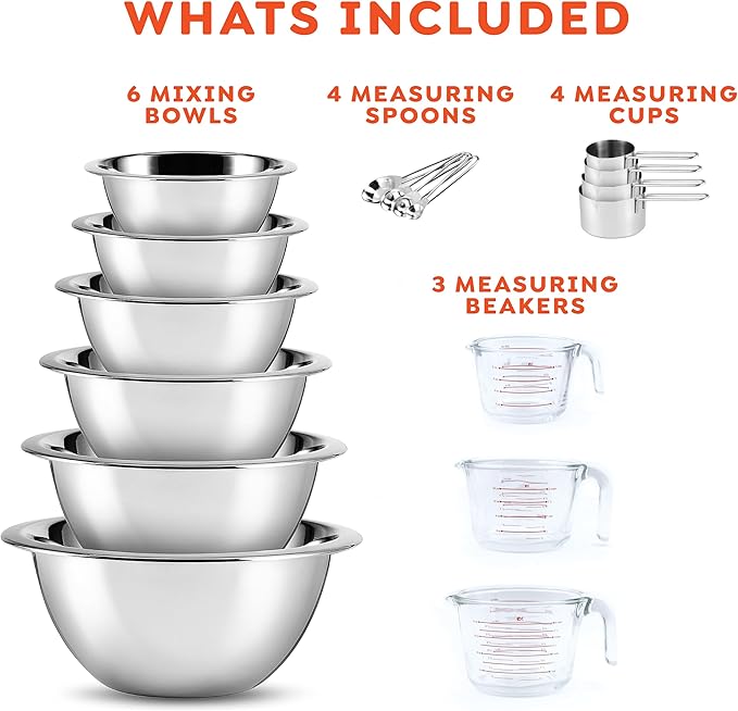 Eatex Mixing Bowls with Measuring Cups & Measuring Spoons 17 Piece Set - Nesting Stainless Steel Mixing Bowls Set for Kitchen, Measuring Spoons & Glass Liquid Measuring Cups, Dishwasher Safe Meal Prep - Image 2