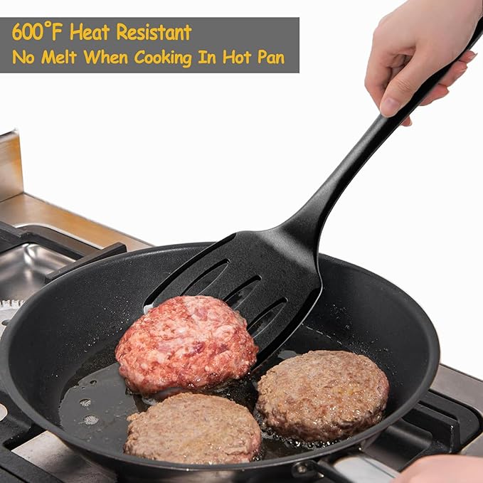 Silicone Spatula Set, 600°F Heat Resistant Silicone Spatula Turner Flipper for Cooking, Non Stick and Non Scratch Kitchen Utensils for Eggs & Pancakes, 4 Pack, Black - Image 6