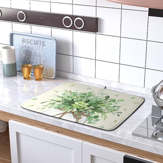 Spring Sage Green Leaves Dish Drying Mat for Kitchen Counter Eucalyptus Leaf Floral Mason Jar Dishes Drainer Mats Absorbent Microfiber Dish Draining Mat Reversible Dish Pad 16x18 Inch - Image 5