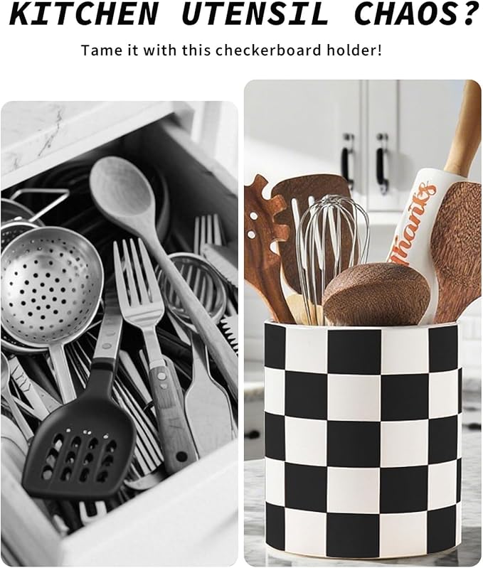 Checkered Kitchen Utensil Holder - 7.1"+5.8" Ceramic Utensil Crock for Countertop, Kitchen Decor and Accessories for counte (Black) - Image 2