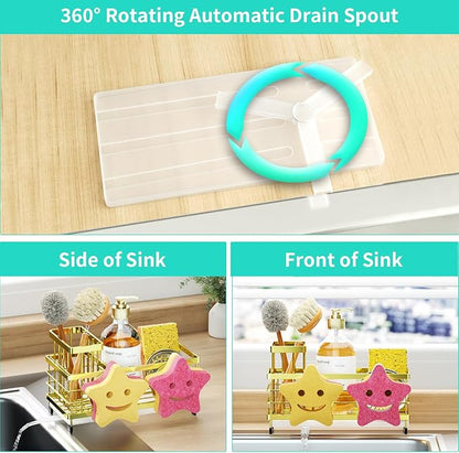 HapiRm Sink Caddy Sponge Holder - Self-draining Kitchen Sink Organizer with Smiley Face and Brush Holder, Stainless Steel Kitchen Sponge Caddy for Countertop - Gold - Image 3