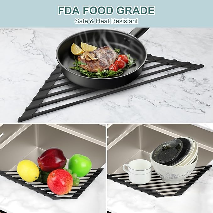 MERRYBOX Triangle Roll Up Dish Drying Rack Over The Sink, 2025 Anti-Rust Sink Drying Rack with Full Silicone Wrapped- Anti-Slip, Space Saving, Durable Organizer for Kitchen - Image 6