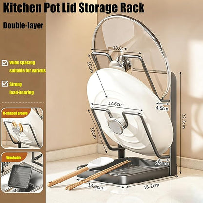Pot Lid Organizer Rack, Stainless Steel Kitchen Pot Lid Holder & Storage Rack with Drip Tray & Spoon Rest for Countertop Stove Cooking (Beige)