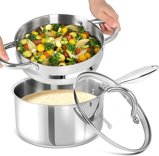 MICHELANGELO Stainless Steel Saucepan with Lid & Steamer, 3 Quart Sauce Pan with Lid, Steamer Pot with Pour Spout, 3 Qt Stainless Steel Pot, Induction Compatible, Oven Safe by Michelangelo