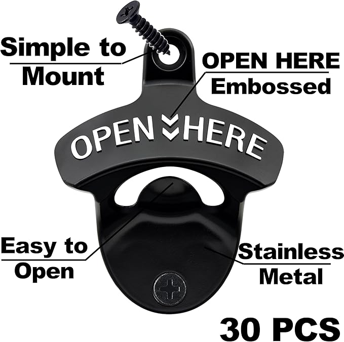 30 PCS Stainless Bottle Opener Wall Mount Black Bulk Beer Soda Cap Opener Mountable for Wood Board Caddy DIY Craft - Image 2
