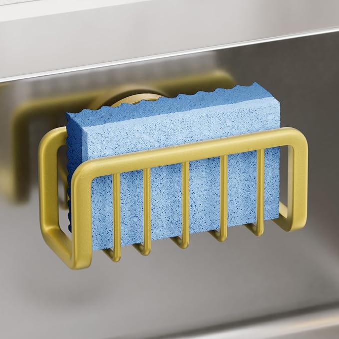 TAILI Sponge Holder for Kitchen Sink with Strong Suction Cup, Rustproof Aluminum Sink Caddy for Sponges, Removable Sponge Holder, Dish Brush for Scraper - Gold by TAILI