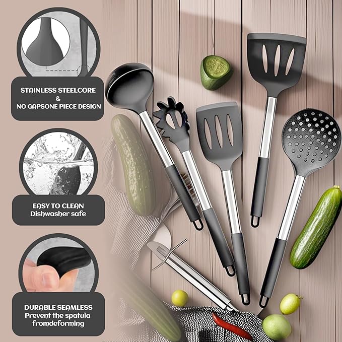 Silicone Cooking Utensils Set Utensil: 40 Pcs Black Stainless Steel Cookware Set, Nonstick Silicone Cooking Utensils Set, (Grey) - Image 6