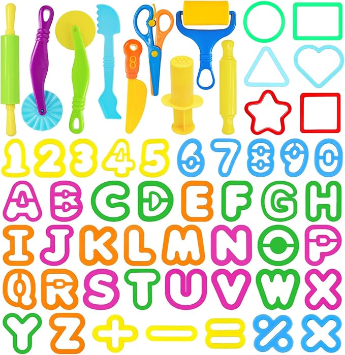 LCY WEDSHI Dough Tool Set, 56 Pcs Dough Tools Sets for Kids Ages 4-8, Dough Accessories Includes Alphabet Numbers Shapes, Cutters Roller, Rolling Pins, Safety Scissors, Plastic Knife by LCYWEDSHI