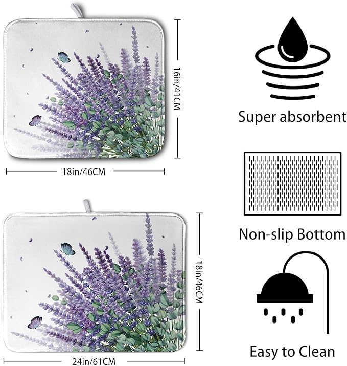 Purple Lavender Dish Drying Mat for Kitchen Counter Spring Summer Floral Microfiber Dish Drainer Mats Green Leaves Butterfly Absorbent Reversible Dish Drainer Rack Mat 16x18 Inch - Image 2