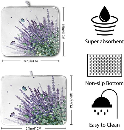 Purple Lavender Dish Drying Mat for Kitchen Counter Spring Summer Floral Microfiber Dish Drainer Mats Green Leaves Butterfly Absorbent Reversible Dish Drainer Rack Mat 16x18 Inch - Image 2