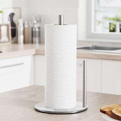 Paper Towel Holder Silver, Premium Stainless Steel Kitchen Roll Dispenser, Countertop Roll Organizer with Weighted Base - Image 2