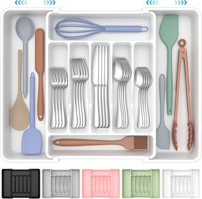 ukeetap Extra Large Expandable Silverware Organizer, BPA-Free Food-Safe Cutlery Flatware Organizer, Kitchen Utensil Drawer Organizer, Adjustable Silverware Holder for Spoons Forks Knives, White by ukeetap