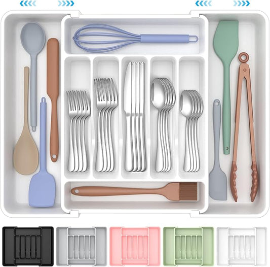 ukeetap Extra Large Expandable Silverware Organizer, BPA-Free Food-Safe Cutlery Flatware Organizer, Kitchen Utensil Drawer Organizer, Adjustable Silverware Holder for Spoons Forks Knives, White by ukeetap