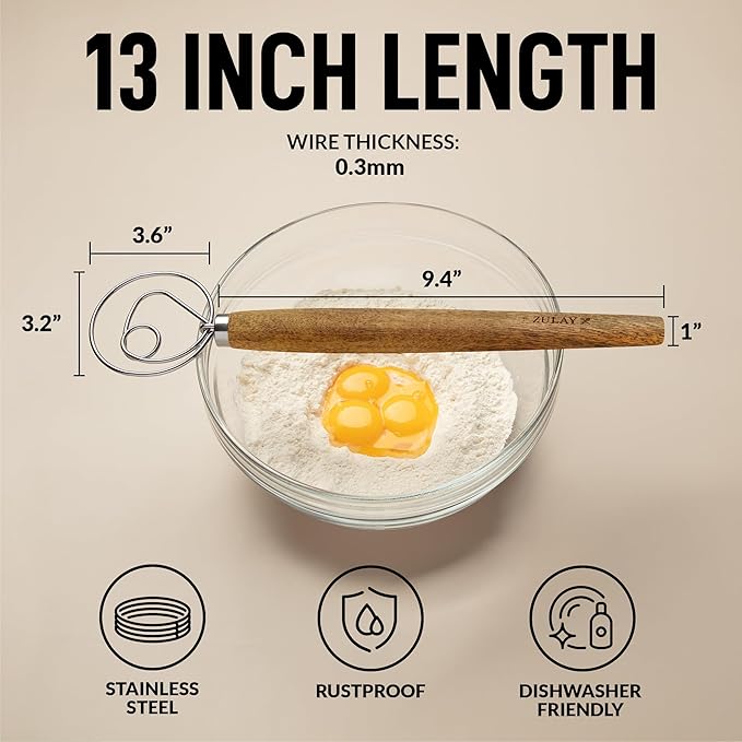 Zulay Kitchen 13-Inch Danish Dough Whisk - Stainless Steel Wooden Whisk with Dough Hook - Sourdough Whisk for Bread, Pizza, Pastry, Cake Batter & More - 2 Pack Acacia - Image 2