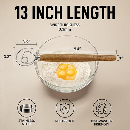 Zulay Kitchen 13-Inch Danish Dough Whisk - Stainless Steel Wooden Whisk with Dough Hook - Sourdough Whisk for Bread, Pizza, Pastry, Cake Batter & More - 2 Pack Acacia - Image 2