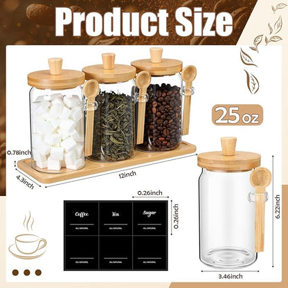 Suclain 3 Pcs Glass Coffee Container with Wooden Lid Spoon Shelf Labels Clear Airtight Jar Food Storage Canister Set for Sugar Spice Coffee Bean Holder Housewarming Gift(25 oz,Natural Bamboo) - Image 2