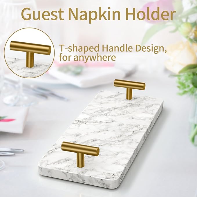 STWWO Napkin Holder for Bathroom, Guest Towel Holder Tray for Bathroom, Marble Guest Napkin Holders with Golden T-Handle, Disposable Hand Towel Tray for Guest Room, Table, Kitchen