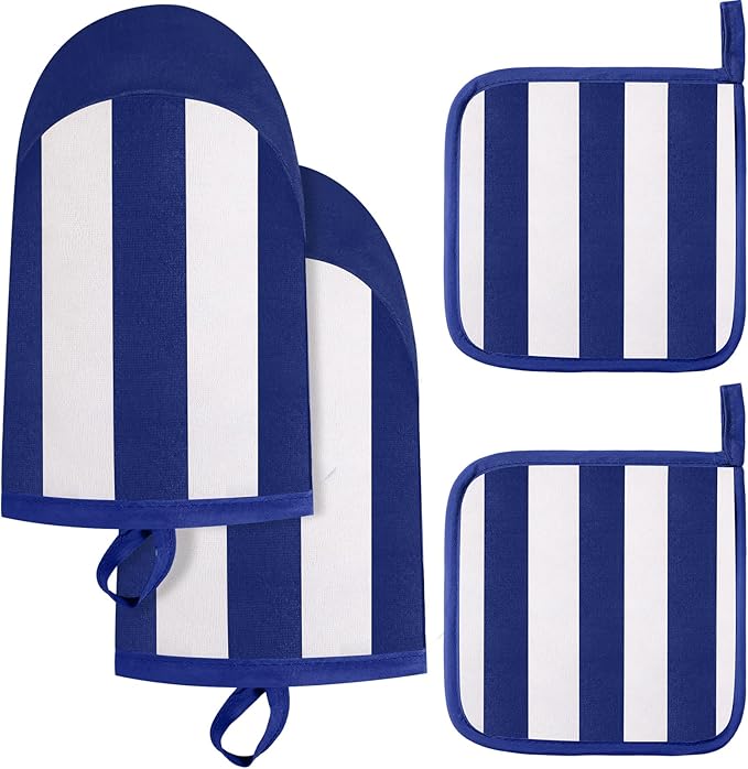 Reallnaive Oven Mitts and Pot Holders 4 Pcs Set for Kitchen, Stripe Cotton Oven Mitten Gloves Hot Pads Heat Resistant 500°f Outdoor Indoor Garden Baking Cooking BBQ Gift Hanging Loop, Beige (Blue) by Unknown