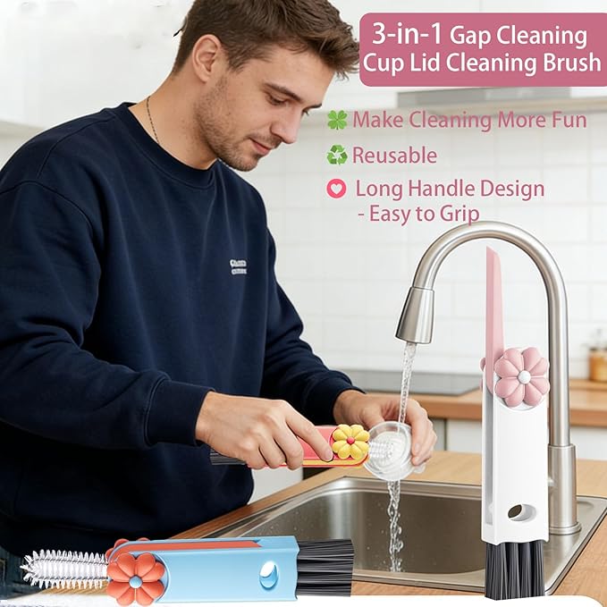 Cup Lid Gap Cleaning Brush, 3 in 1 Cup Lid Brush, Multifunctional Water Bottle Cleaning Brush, Home Kitchen Crevice Brush Tools for Tiny Cup Lid Detail, Bottle Tight Spaces Cup(3 PCS)