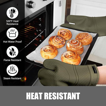 Rorecay 6pcs Oven Mitts and Pot Holders Sets for Kitchen, Extra Long Silicone Oven Gloves Heat Resistant 500 Degrees Non-Slip Potholders Hot Pads for Baking Cooking, Forest Night - Image 5
