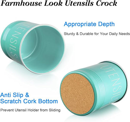 Bivvclaz Teal Kitchen Utensil Holder, 6.7" Utensil Holder for Kitchen Counter, Cooking Utensil Crock with Cork Bottom, Turquoise Decor and Accessories, Countertop Utensil Storage Caddy Organizer - Image 3