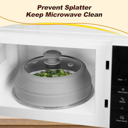 Microwave Splatter cover, Glass Microwave Cover for Food, 11.8 inch Guard Lid with Collapsible Silicone for 6-11 inch Plates & Bowls, Dishwasher Safe, 450°F Heat Resistant, BPA-Free, Gray