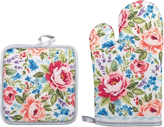 Floral Oven Mitts and Pot Holders Sets 2 Pcs, Canvas Heat Resistant Kitchen Mittens with Hot Pads, Vintage Farmhouse Country Decor, Non-Slip Cooking Baking Grilling Gifts for Women Mom (Flower5)