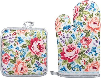 Floral Oven Mitts and Pot Holders Sets 2 Pcs, Canvas Heat Resistant Kitchen Mittens with Hot Pads, Vintage Farmhouse Country Decor, Non-Slip Cooking Baking Grilling Gifts for Women Mom (Flower5)