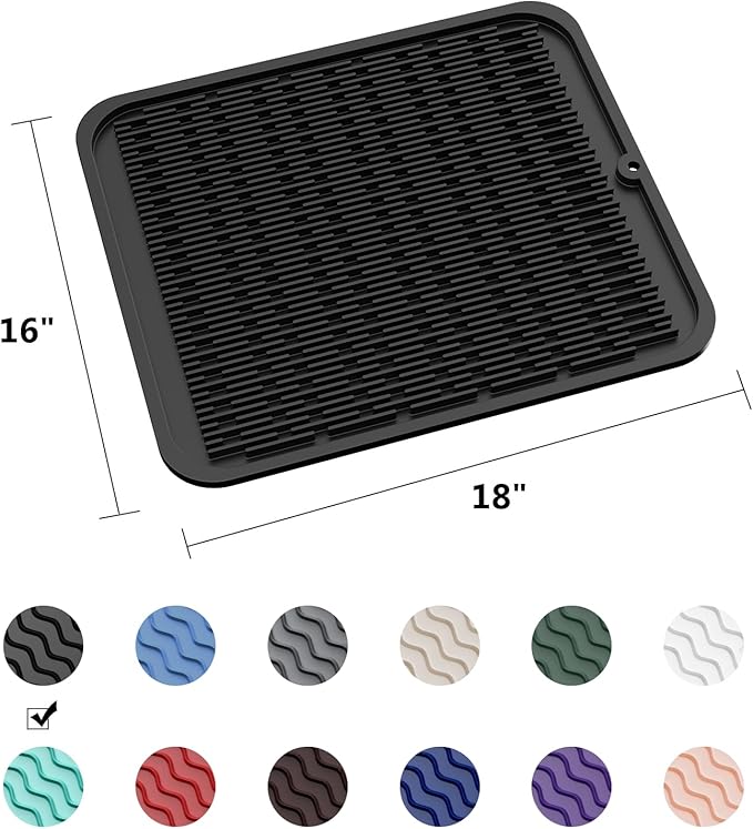 ZLR Large Silicone Dish Drying Mat (16" x 18") - XL Heavy Duty Drainboard Mat for Pots, Pans & Family Loads - Heat Resistant Trivet & Counter Protector, Easy Clean (Black) - Image 6