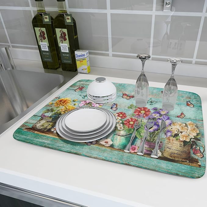 Spring Floral Rustic Dish Drying Mat for Kitchen Counter Absorbent Microfiber Large Drying Pad 18 x 24 Inch Flowers Jars - Image 6