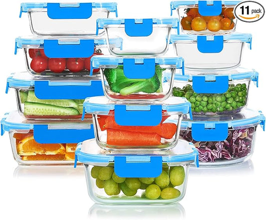 KOMUEE 24 Pieces Glass Food Storage Containers Set,Glass Meal Prep Containers, BPA-Free Airtight Glass Storage Containers with lids,Freezer, Microwave and Oven Safe,Blue