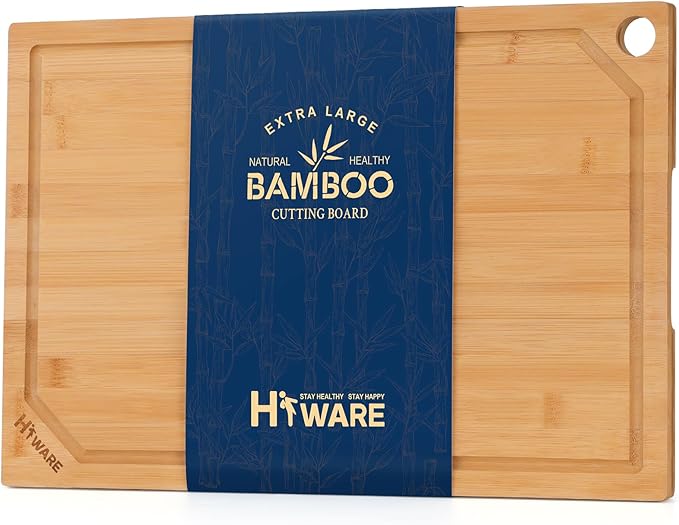 Hiware Extra Large Bamboo Cutting Board for Kitchen, Heavy Duty Wood Cutting Board with Juice Groove, 100% Organic Bamboo, Pre Oiled, 18" x 12" by HIWARE