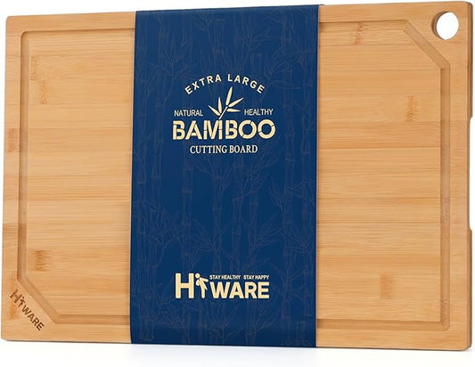 Hiware Extra Large Bamboo Cutting Board for Kitchen, Heavy Duty Wood Cutting Board with Juice Groove, 100% Organic Bamboo, Pre Oiled, 18" x 12" by HIWARE