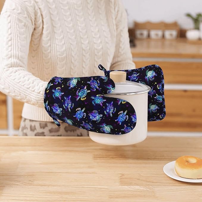 Sea Turtle Oven Mitts and Pot Holders Set - Heat Resistant, Non-Slip Silicone Kitchen Gloves for Cooking, Baking, Grilling, BBQ - Waterproof & Easy Clean Kitchen Accessories
