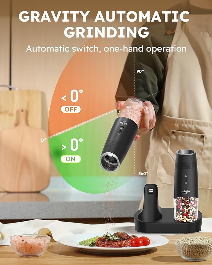 Sangcon Gravity Electric Salt and Pepper Grinder Set RECHARGEABLE, Automatic Salt Pepper Shakers with Charging Base - LED Light One Hand Operation, External Adjustable Coarseness Pepper Mill - Image 2