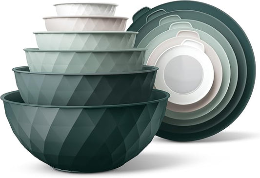 COOK WITH COLOR Mixing Bowls with Lids - 12 Piece Plastic Nesting Bowls Set includes 6 Prep Bowls and 6 Lids, Microwave Safe Mixing Bowl Set, Green Diamond by CookwithColor