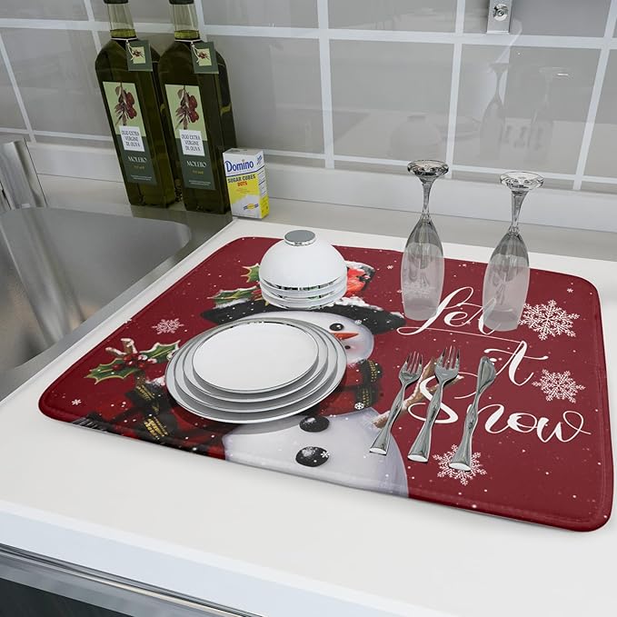 Christmas Dish Drying Mat for Kitchen Counter Snowman Let It Snow Microfiber Absorbent Dish Draining Reusable Washable Foldable Extra Large 18"x24" - Image 6