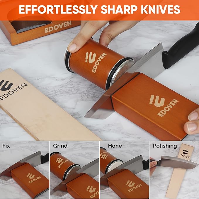 Premium Rolling Knife Sharpener Kit - Magnetic Manual Knife Sharpener with Diamond & Ceramic Discs, Two Extra Discs, Leather Strop & Stand, 15° & 20° Angle Guides, Gift for Chefs & Home Cooks - Image 6
